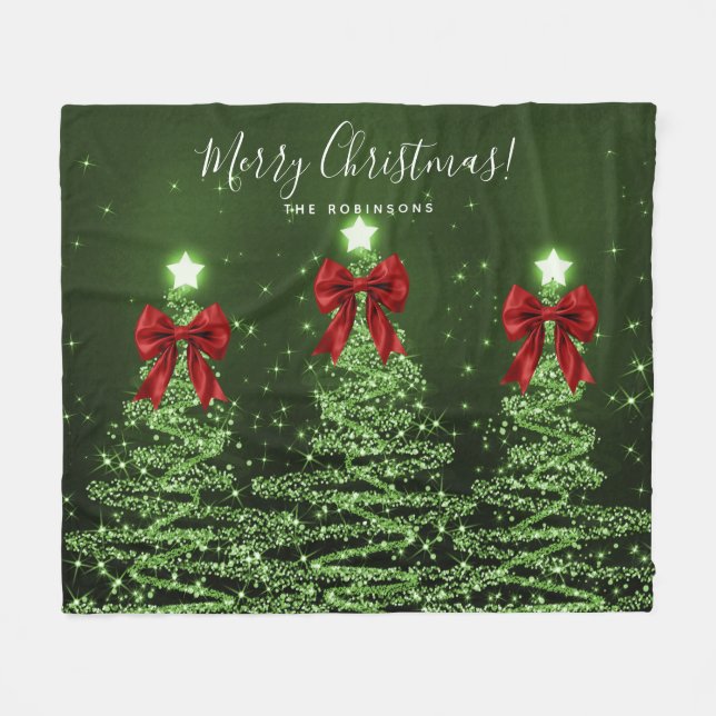 Festive Holiday Green Christmas Trees Red Bows Fleece Blanket (Front (Horizontal))
