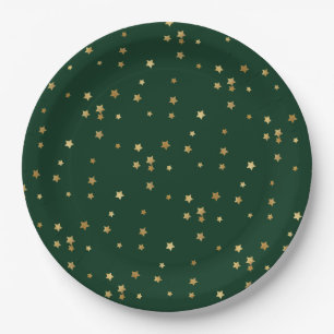 Festive Holiday Green & Glittery Gold Stars Paper Plate