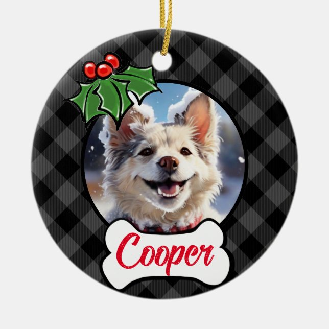 Festive holiday grey Plaid Holly berries leaves Ceramic Tree Decoration (Front)