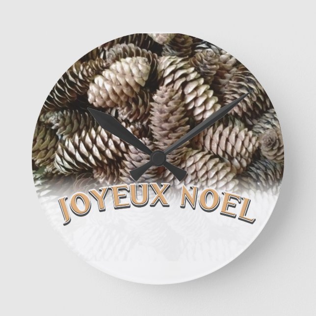 Festive Holiday Joyeux Noel Pine Cone Round Clock (Front)