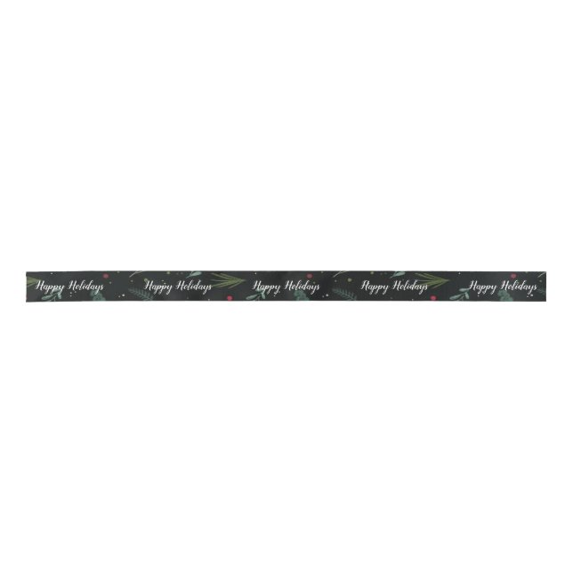 Festive Holiday Leaves Berries Botanical Narrow Satin Ribbon (Front)
