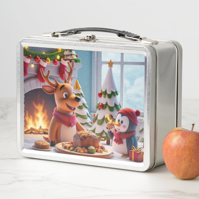 Festive Holiday Lunchbox with Reindeer and Penguin (In Situ)