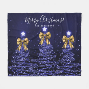 Festive Holiday Navy Christmas Trees Bows Gold  Fleece Blanket