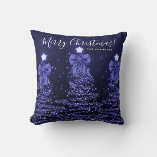 Festive Holiday Navy Christmas Trees Name  Cushion