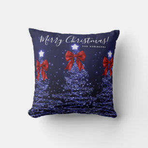 Festive Holiday Navy Christmas Trees Name Red  Cushion