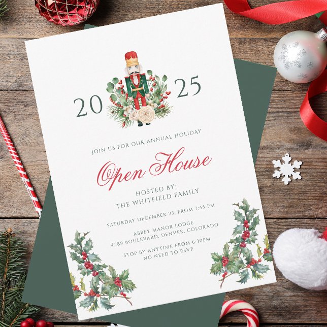 Festive Holiday Nutcracker Open House Berries Invitation (Christmas Holiday Nutcracker Open House Red Berries Party Invitation)