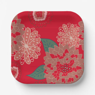 Festive holiday paper plates floral burst red 