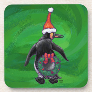 Festive Holiday Penguin on Green Coaster