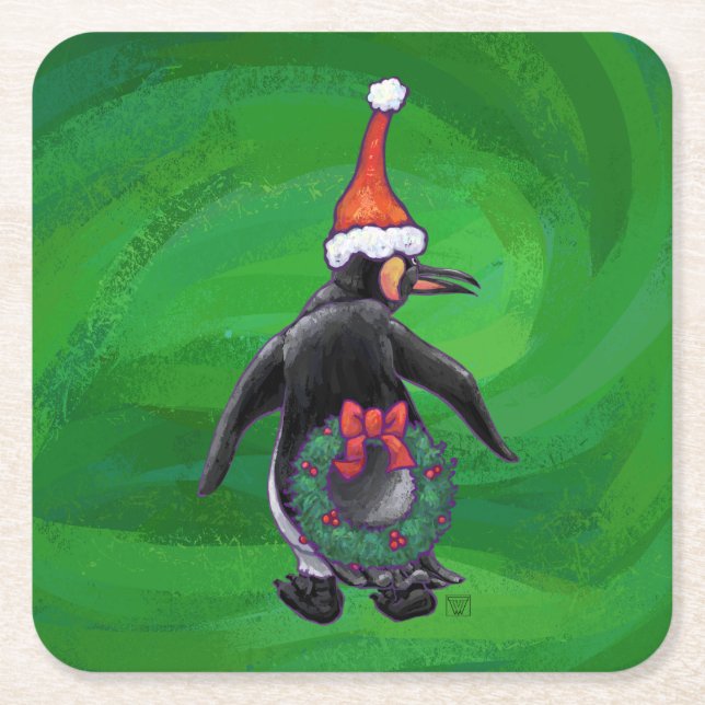 Festive Holiday Penguin on Green Square Paper Coaster (Front)
