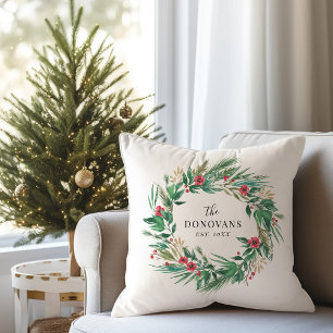 Festive Holiday Pine Wreath with Family Name Cushion