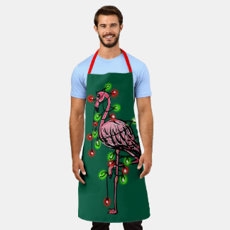 Festive holiday pink flamingo, red green twinkle apron