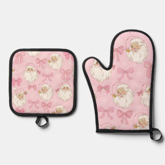 Festive Holiday Pink Pastel Santa Oven Mitt & Pot Holder Set