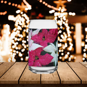 Festive Holiday Poinsettias Floral Can Glass