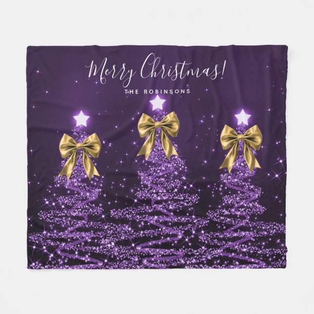 Festive Holiday Purple Christmas Trees Gold Bows Fleece Blanket (Front (Horizontal))