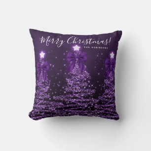 Festive Holiday Purple Christmas Trees Name  Cushion