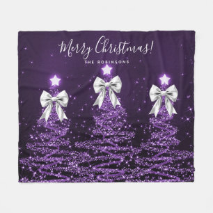 Festive Holiday Purple Christmas Trees Silver Bows Fleece Blanket