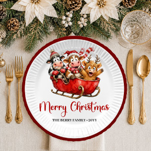 Festive Holiday quirky cow red green christmas pap Paper Plate