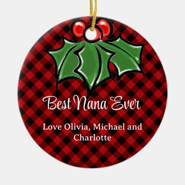 Festive holiday Red Plaid with Holly Sprigs Ceramic Tree Decoration (Front)