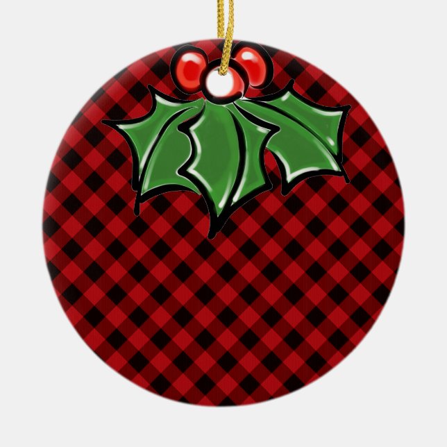 Festive holiday Red Plaid with Holly Sprigs Ceramic Tree Decoration (Front)