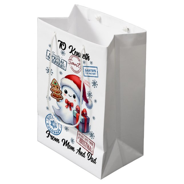 Festive Holiday Sack With Cheerful Gifts Medium Gift Bag (Front Angled)