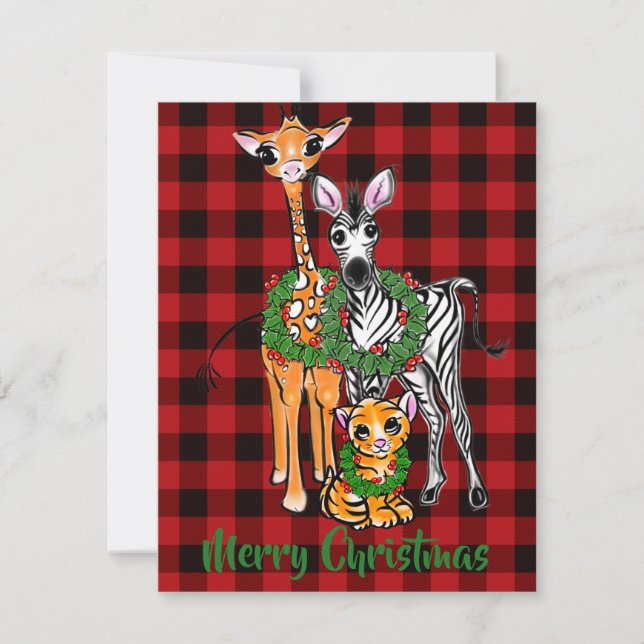 Festive Holiday safari friends, red black plaid   Card (Front)