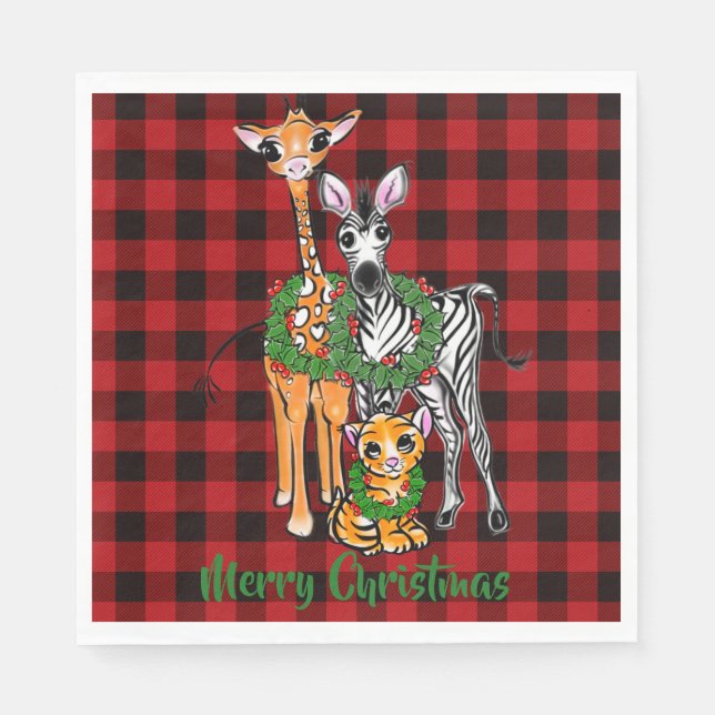 Festive Holiday safari friends, red black plaid    Napkin (Front)