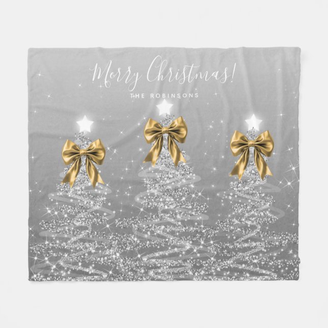 Festive Holiday Silver Christmas Trees Gold Bows Fleece Blanket (Front (Horizontal))