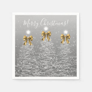Festive Holiday Silver Christmas Trees Gold Bows Napkin