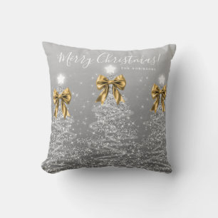 Festive Holiday Silver Christmas Trees Gold Name Cushion