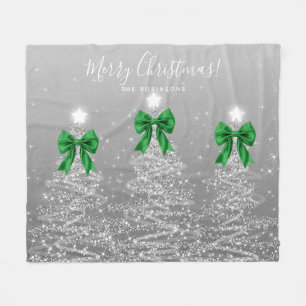 Festive Holiday Silver Christmas Trees Green Bows Fleece Blanket