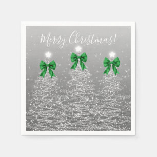 Festive Holiday Silver Christmas Trees Green Bows Napkin