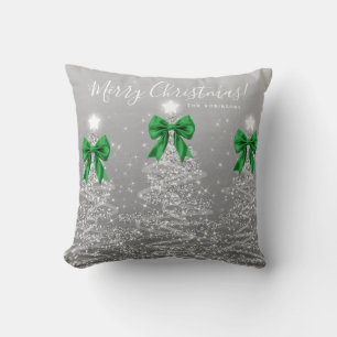 Festive Holiday Silver Christmas Trees Green Name Cushion