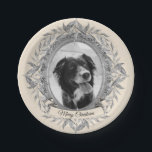 Festive Holiday Silver Frame Photo Paper Plate<br><div class="desc">Chic Christmas paper party plates with a victorian silver photo frame adorned with a wreath of silvery grey leaves on an ivory background. Simply add your own photo and text to these festive paper plates. For the best results make sure the photograph is in a 5 x 7 portrait format...</div>