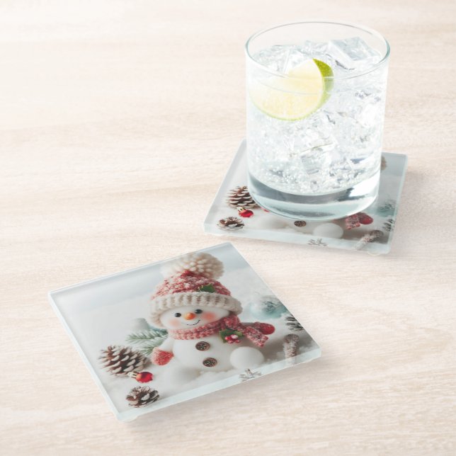 Festive Holiday Snowman Glass Coaster (Angled)