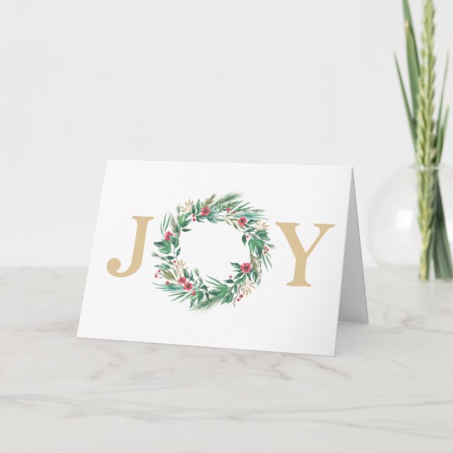 Festive Holiday Watercolor JOY Wreath Photo Card (Front)