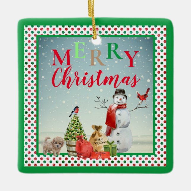 Festive Holiday Winter Snowman Scene Ceramic Ornament (Front)