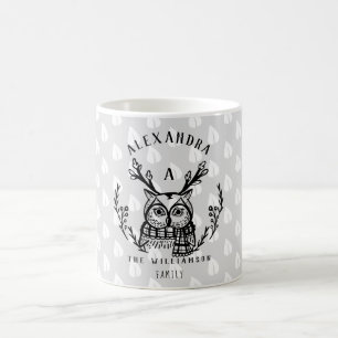 Festive Holiday Wood Owl Etching Family Monogram Coffee Mug