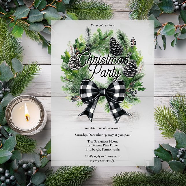 Festive Holiday Wreath BW Bow Christmas Party  Acrylic Invitations (Festive Christmas Holiday Wreath with BW Coquette Check Bow "Christmas Party" Acrylic Invitation)