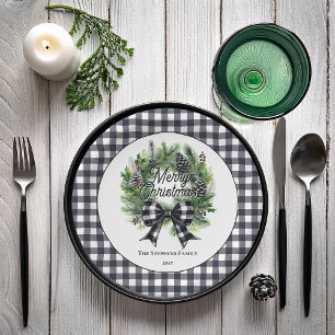 Festive Holiday Wreath BW Bow Merry Christmas  Paper Plate