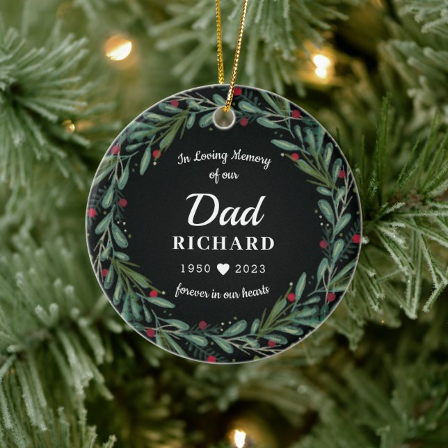 Festive Holiday Wreath Dad Memorial Photo Back Ceramic Tree Decoration (Tree)