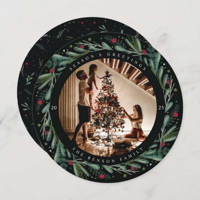 Festive Holiday Wreath Leaves Berries Round Card (Front/Back)