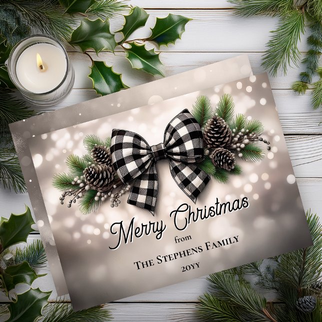 Festive Holiday Wreath Merry Christmas Non-Photo (Festive Holiday Bough with Black | White Check Coquette Bow Bokeh Snow "Merry Christmas" Flat Card)