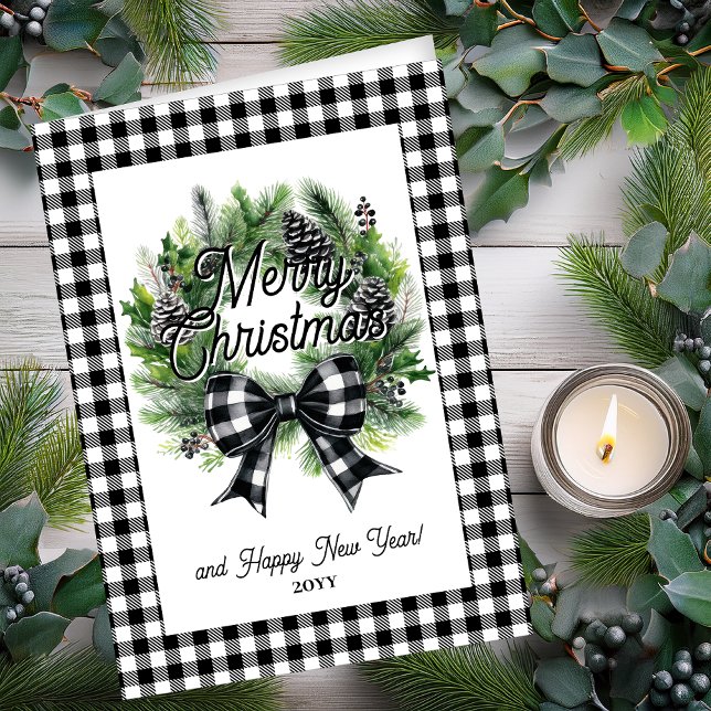 Festive Holiday Wreath Merry Christmas Non-Photo Card (Festive Holiday Wreath with Black | White Check Coquette Bow "Merry Christmas" Holiday Folded Card)