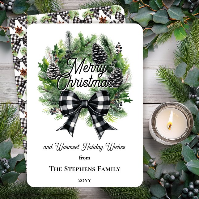 Festive Holiday Wreath Merry Christmas Non-Photo Card (Festive Holiday Wreath with Black | White Check Coquette Bow "Merry Christmas" Flat Card)