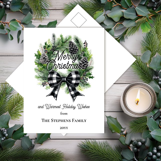Festive Holiday Wreath Merry Christmas Non-Photo Postcard (Festive Holiday Wreath with Black | White Check Coquette Bow "Merry Christmas" Postcard)