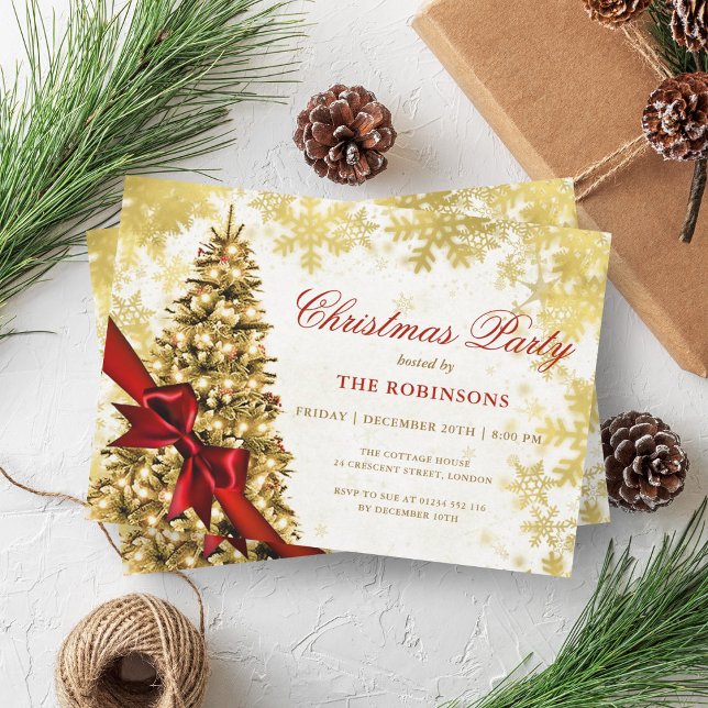 Festive Holiday Xmas Pine Tree, Gold & Red Ribbon  Invitation (Festive Holiday Xmas Pine Tree, Gold & Red Ribbon Invitation)