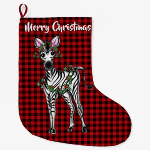Festive Holiday Zebra, Holly wreath, buffalo plaid Large Christmas Stocking