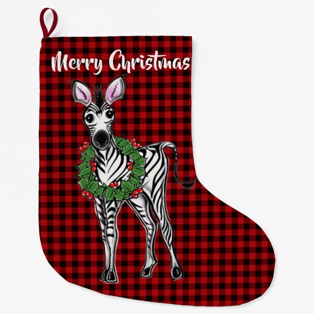 Festive Holiday Zebra, Holly wreath, buffalo plaid Large Christmas Stocking (Front)