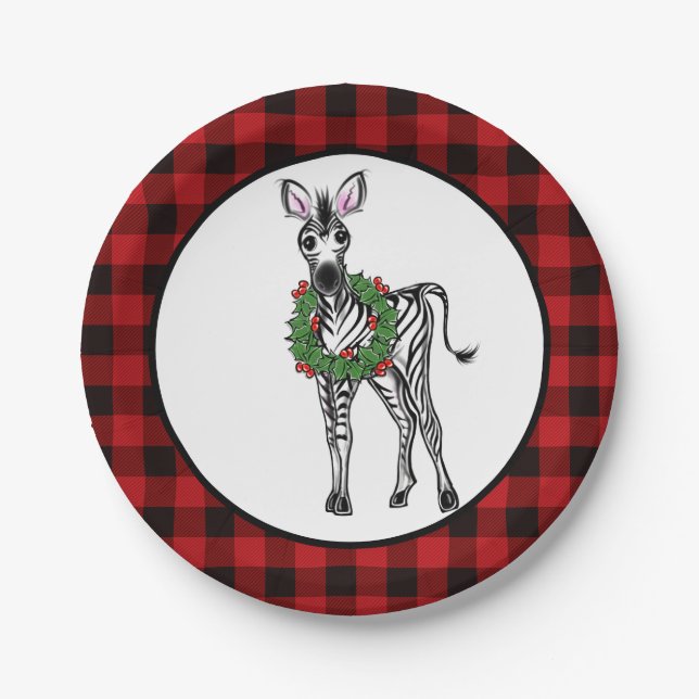 Festive Holiday Zebra, Holly wreath, buffalo plaid Paper Plate (Front)
