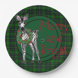 Festive Holiday Zebra Holly wreath   green plaid  Paper Plate
